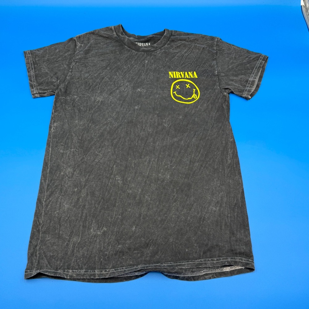 Nirvana Smiley Face Graphic T Shirt Washed Black Men Size Small Y2K